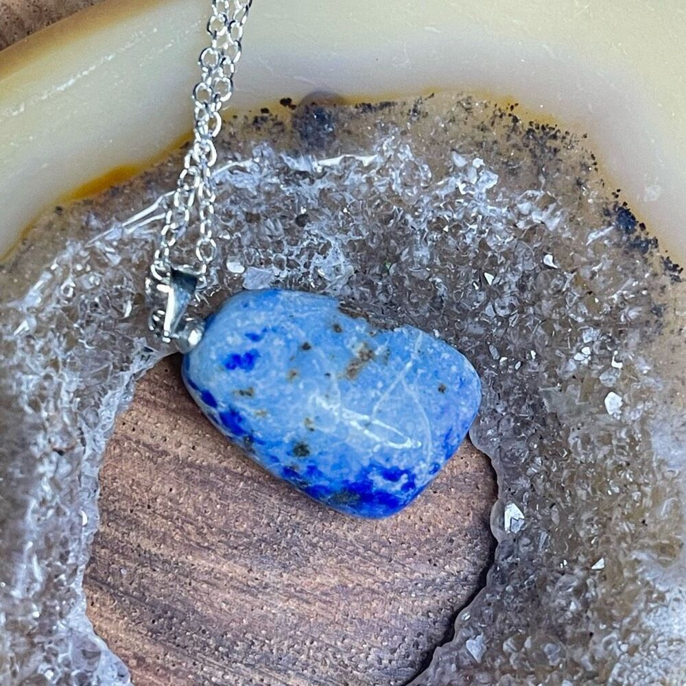 Denim Lapis Lazuli tumble pendant pyrite necklace silver plated blue gold